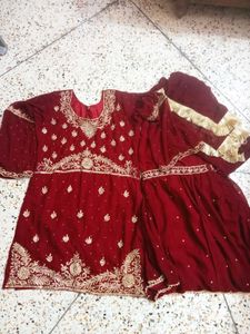 Embroidered Red Kurta Set