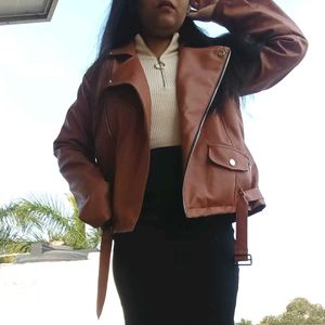 Brown Faux Leather Biker Jacket