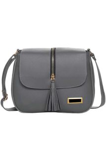 Grey Leather Crossbody Bag with Tassel