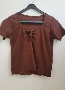 Brown Square Neck Tie-Front Top