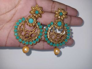 Blue And Golden Toned Floral Drop Earrings