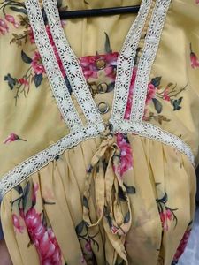 Yellow Floral V-Neck Kurta