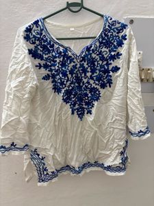 White Kurta with Blue Embroidery