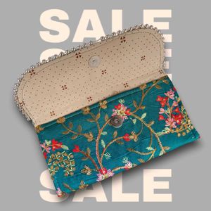 Embroidered Teal Clutch