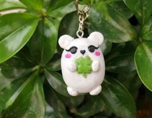 Cute White Bear clay  Keychain with Clover