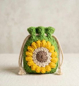 Handmade Crochet Sunflower Drawstring Pouch