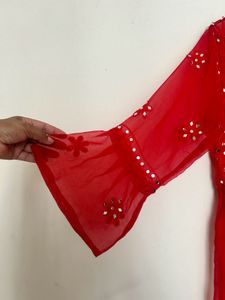Red Mirror Work Chikankari Kurta