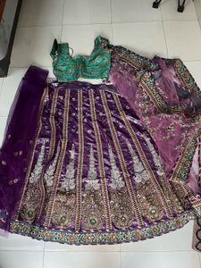 Purple & Green Embroidered Lehenga