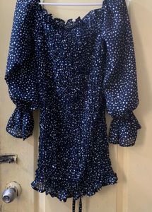 Chic Navy Polka Dot Off-Shoulder Dress