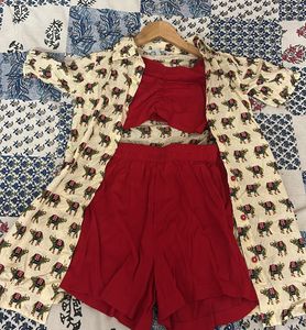 Girls Red Printed Cotton Top-Shirt Top with Shorts