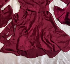 Shein Wine Satin Ruffle Wrap Party Dress