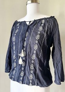 Navy Embroidered Tassel Top
