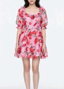 Korean Pink Floral Organza Dress
