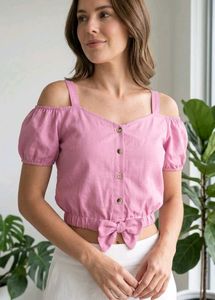 Pink Off-Shoulder Crop Top with Bow