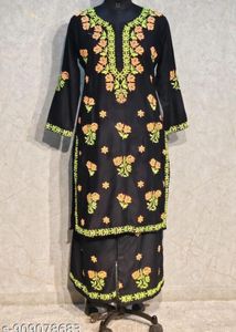 Black Kurta Set with Pink Floral Embroidery
