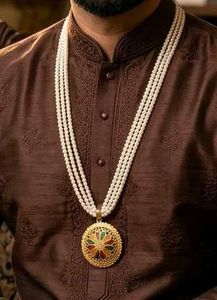 Men's Faux Pearl Necklace with Gold Plated Pendant