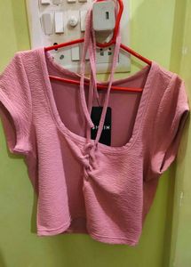 Shein Pink Lace-Up Crop Top