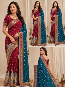Exquisite Maroon & Teal Embroidered Saree