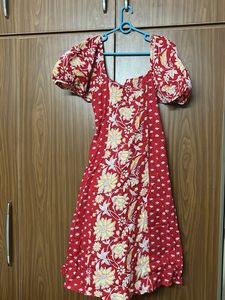 Red Floral Puff Sleeve Midi Dress