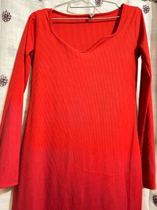 Red Ribbed Long Sleeve Mini Dress