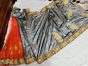 🇳🇿💫🎀Elegant Grey &amp; Orange Embellished Saree