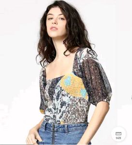 Chic Smocked Patchwork Print Square Neck Top