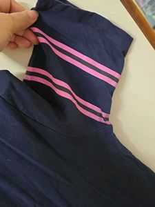 Navy Blue T-Shirt with Pink Stripes &amp; Floral Desig