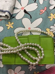 Vibrant Green Woven Clutch Bag with Pearl Strap