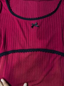 Cute Red Ribbed Long Sleeve Top