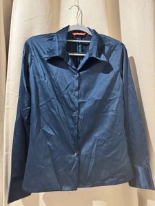 Elegant Navy Satin Button-Down Shirt