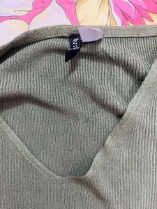Olive Green Ribbed V-Neck Top