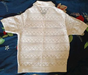 White Crochet Knit Polo Top