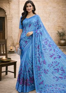 🇳🇿💫🎀Elegant Blue Floral Print Saree