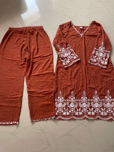 Orange Kurta Set with White Embroidery