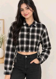 Chic Plaid Cropped top Shirt with Drawstring