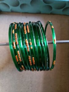 Green Glass Bangles with Golden Glitter