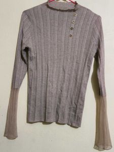 Stylish Ribbed Mock Neck Top with Sheer Bell Sleev