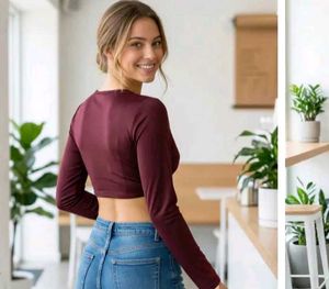 Maroon Plunge Neck Long Sleeve Crop Top