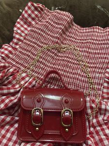 Red Gingham Off-Shoulder Dress with cute Handbag