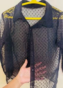 Black Sheer Polka Dot Mesh Shirt Top