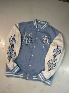 Light Blue Varsity Jacket with Flame Sleeves