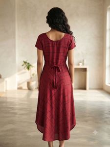 Maroon checkered asymmetric dress