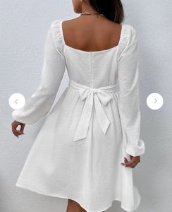 Chic White Square Neck Puff Sleeve Dress(XS)