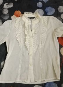 White Lace Trimmed Button-Up Blouse