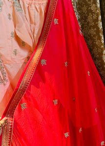 Elegant Peach Kurta Set with Red Dupatta