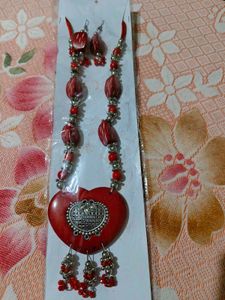 Handmade Red Heart Necklace and Earrings Set