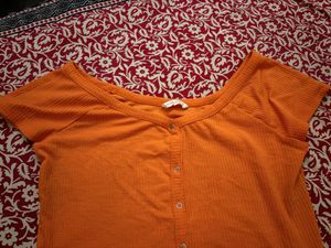 Orange Button-Up Ribbed Top