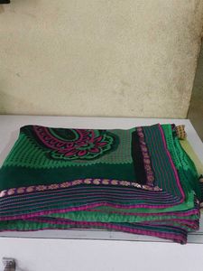 Green Saree with Pink Paisley Print