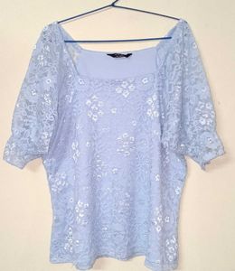 Light Blue Lace Puff Sleeve Top