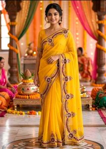 Yellow Embroidered Saree with Blouse